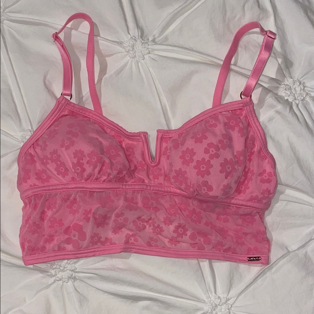Pink velvet Floral Lace Bralette with mesh detail
